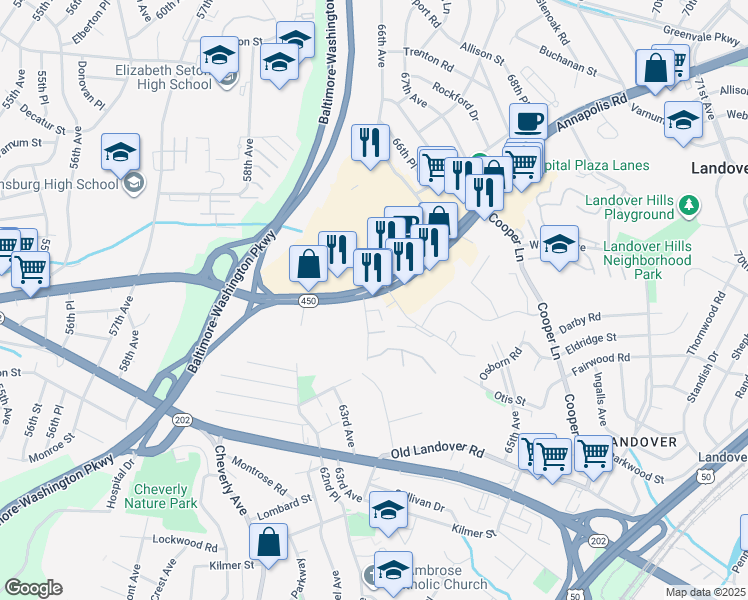 map of restaurants, bars, coffee shops, grocery stores, and more near 6401 Annapolis Road in Hyattsville