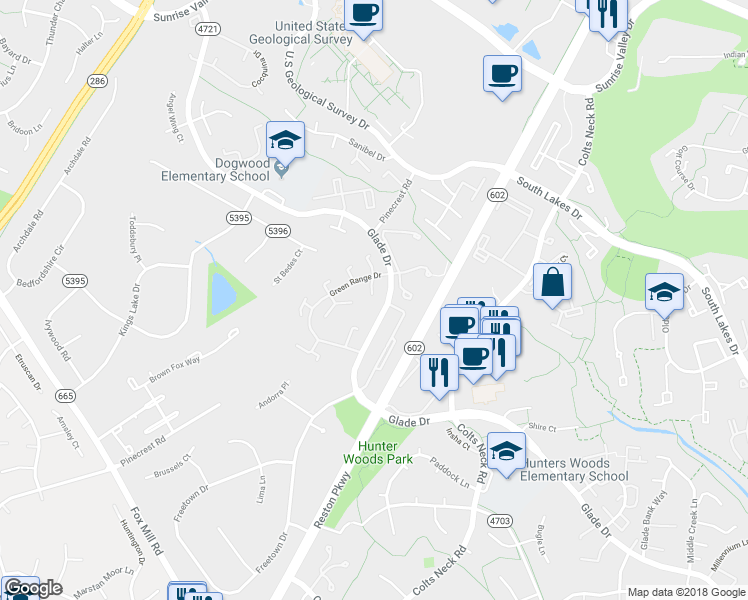 map of restaurants, bars, coffee shops, grocery stores, and more near 2215 Lofty Heights Place in Reston