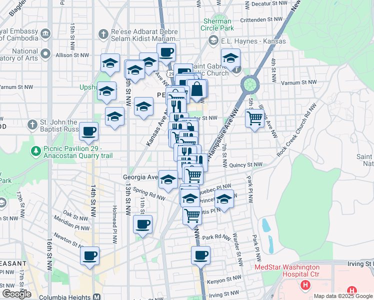 map of restaurants, bars, coffee shops, grocery stores, and more near 3910 Georgia Avenue Northwest in Washington