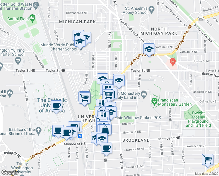 map of restaurants, bars, coffee shops, grocery stores, and more near Michigan Ave NE & 12th St NE in Washington