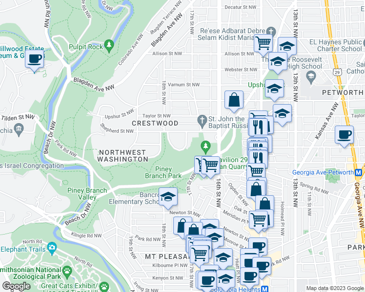 map of restaurants, bars, coffee shops, grocery stores, and more near 1735 Crestwood Drive Northwest in Washington