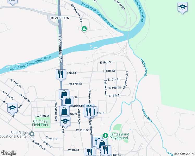 map of restaurants, bars, coffee shops, grocery stores, and more near 8 East 17th Street in Front Royal