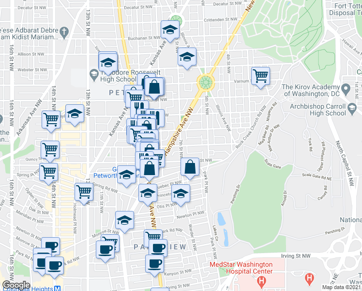 map of restaurants, bars, coffee shops, grocery stores, and more near 7th Street Northwest & Randolph Street Northwest in Washington
