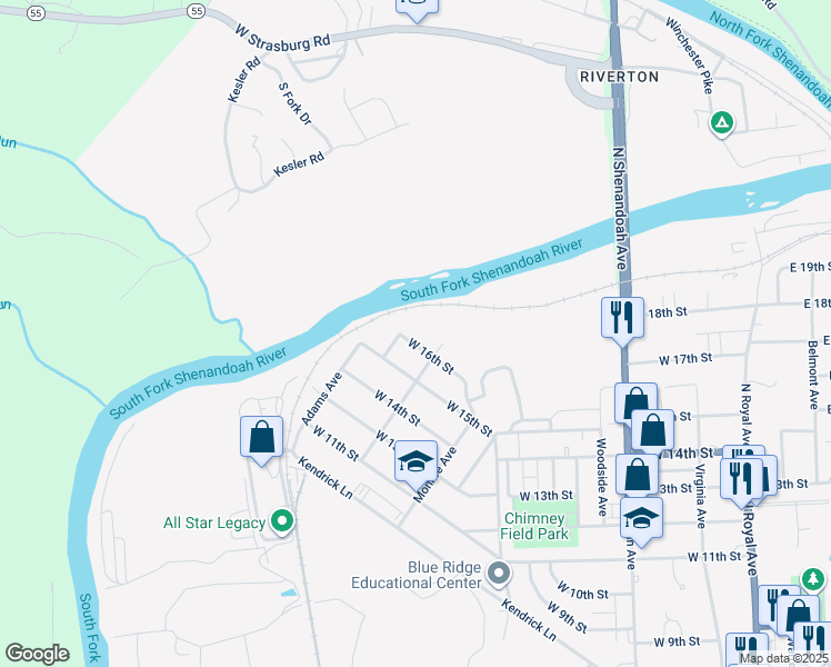 map of restaurants, bars, coffee shops, grocery stores, and more near 827 West 16th Street in Front Royal