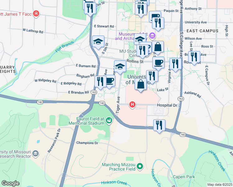 map of restaurants, bars, coffee shops, grocery stores, and more near 1005 Tiger Avenue in Columbia
