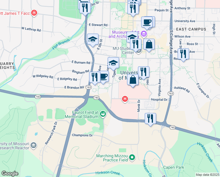 map of restaurants, bars, coffee shops, grocery stores, and more near 1005 Tiger Avenue in Columbia