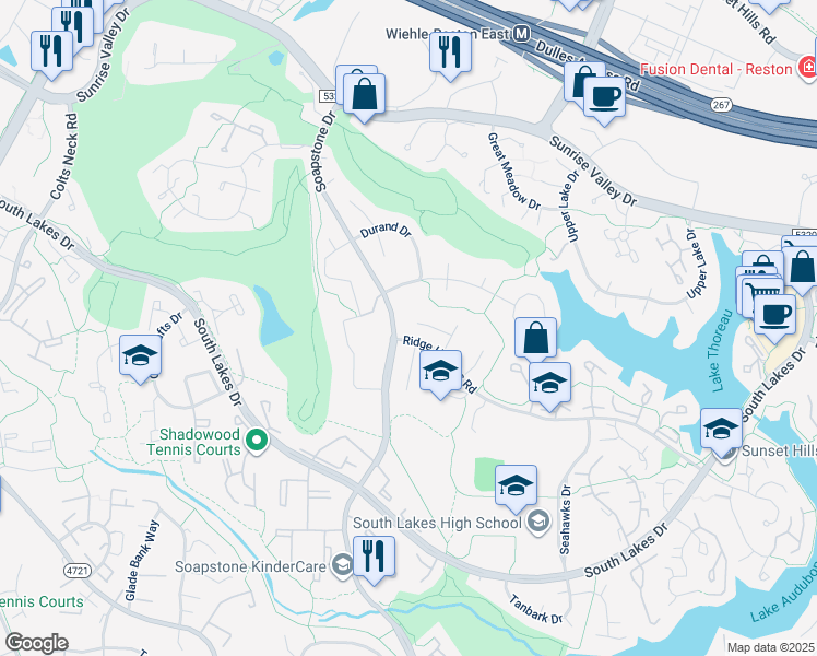 map of restaurants, bars, coffee shops, grocery stores, and more near 11489 Bingham Terrace in Reston