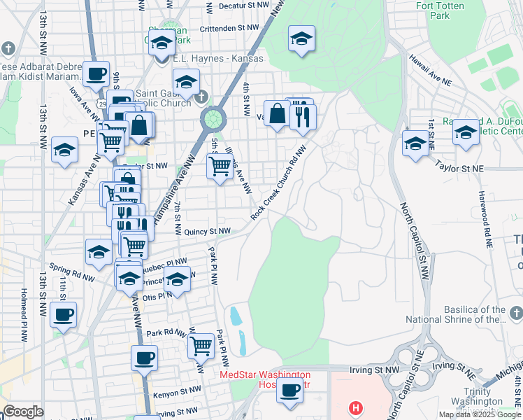 map of restaurants, bars, coffee shops, grocery stores, and more near 340 Rock Creek Church Road Northwest in Washington