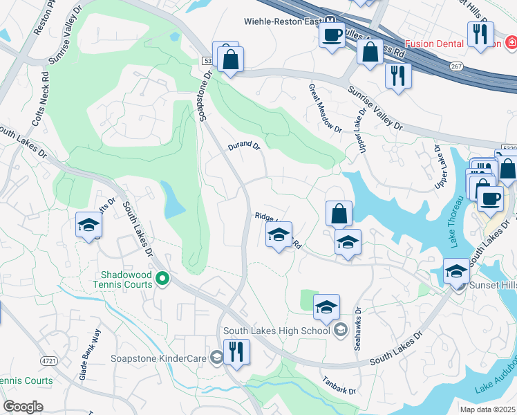 map of restaurants, bars, coffee shops, grocery stores, and more near 11489 Bingham Terrace in Reston