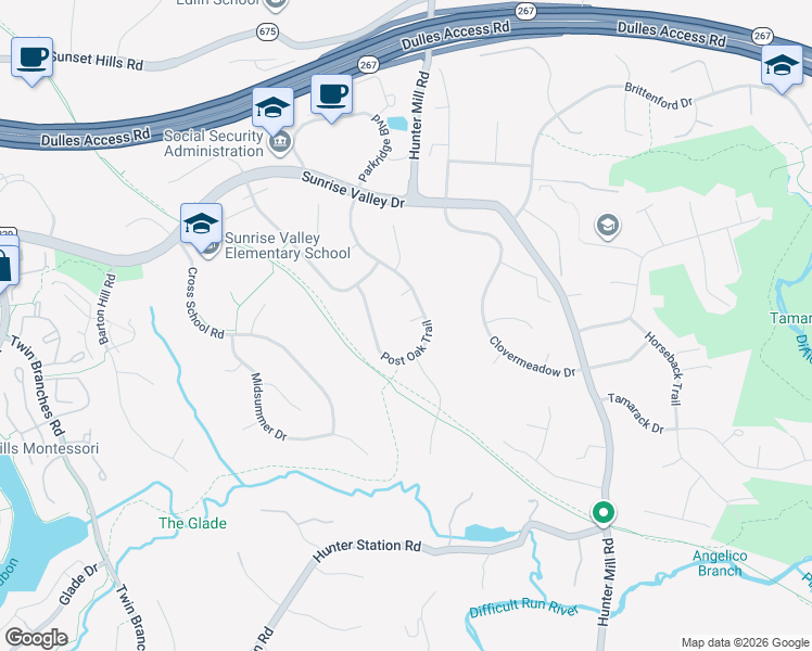 map of restaurants, bars, coffee shops, grocery stores, and more near 1844 Post Oak Trail in Reston