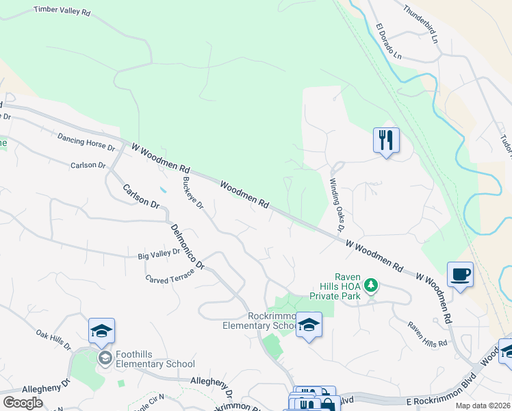 map of restaurants, bars, coffee shops, grocery stores, and more near 425 West Woodmen Road in Colorado Springs
