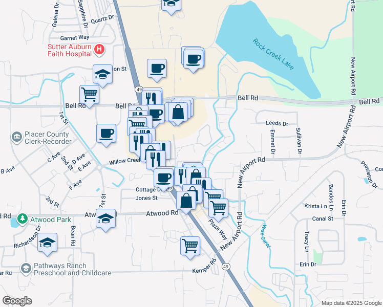 map of restaurants, bars, coffee shops, grocery stores, and more near 2540 Grass Valley Highway in Auburn