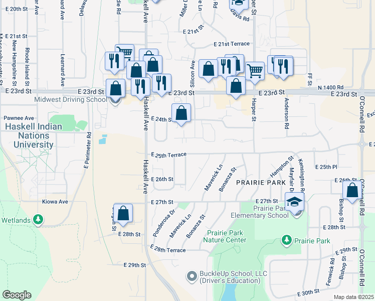 map of restaurants, bars, coffee shops, grocery stores, and more near 1301 East 25th Terrace in Lawrence