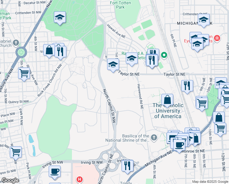 map of restaurants, bars, coffee shops, grocery stores, and more near 4200 Harewood Road Northeast in Washington