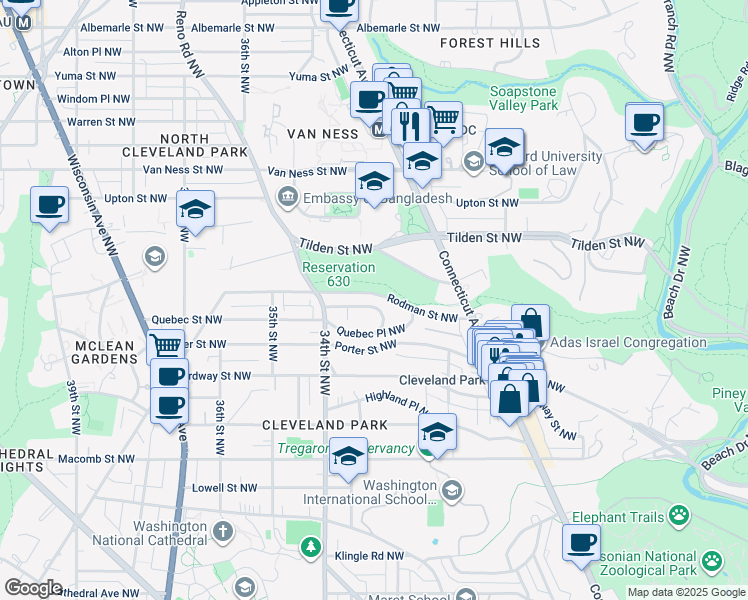 map of restaurants, bars, coffee shops, grocery stores, and more near 3210 Rodman Street Northwest in Washington