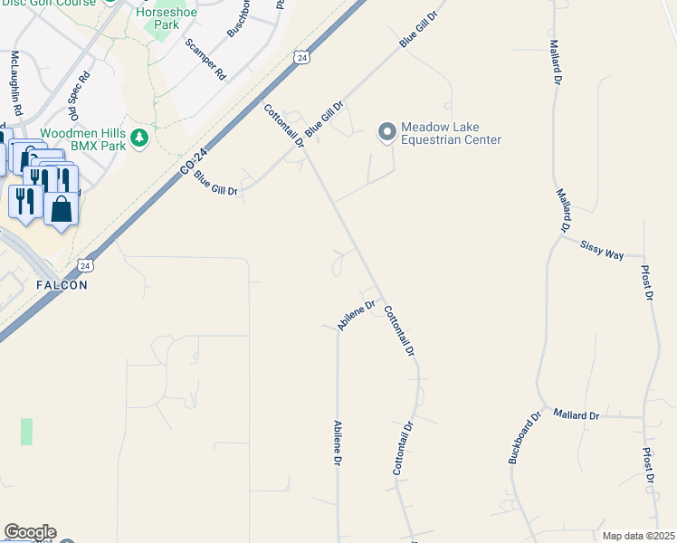 map of restaurants, bars, coffee shops, grocery stores, and more near 13055 Cottontail Drive in Peyton