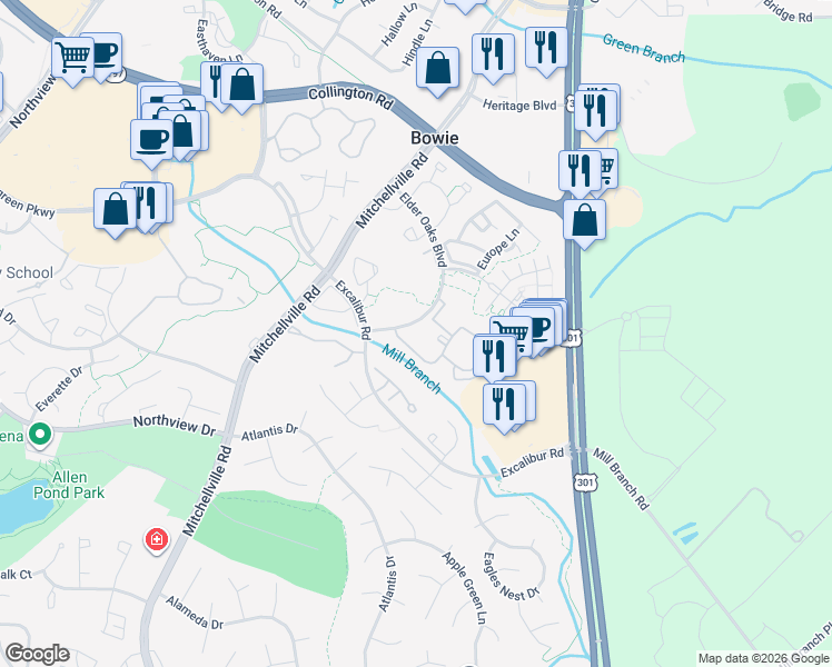 map of restaurants, bars, coffee shops, grocery stores, and more near 3631 Elder Oaks Boulevard in Bowie