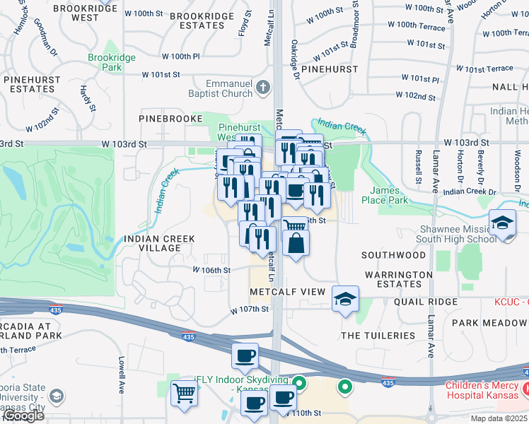 map of restaurants, bars, coffee shops, grocery stores, and more near 7100-7198 W 105th St in Overland Park