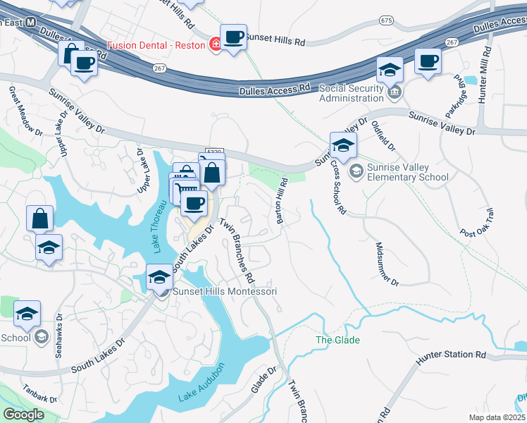 map of restaurants, bars, coffee shops, grocery stores, and more near 10989 Greenbush Court in Reston
