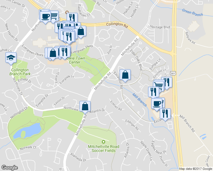 map of restaurants, bars, coffee shops, grocery stores, and more near 16116 Edenwood Drive in Bowie