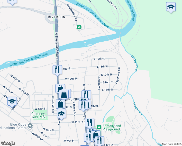 map of restaurants, bars, coffee shops, grocery stores, and more near 8 East 17th Street in Front Royal
