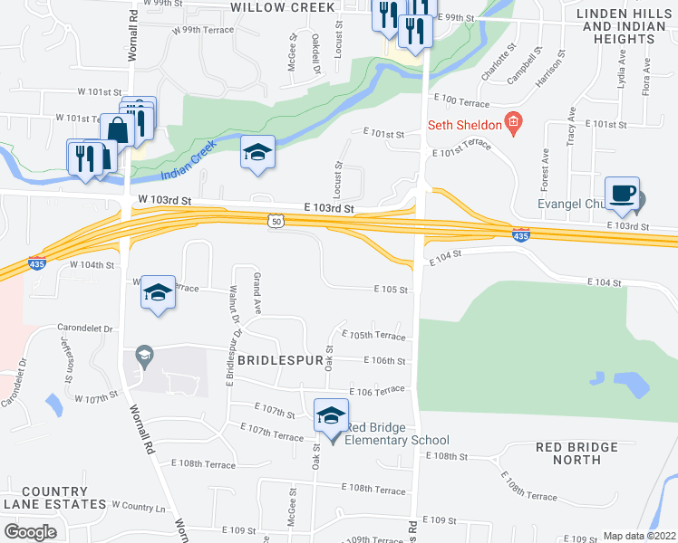 map of restaurants, bars, coffee shops, grocery stores, and more near 500 East 105 Street in Kansas City
