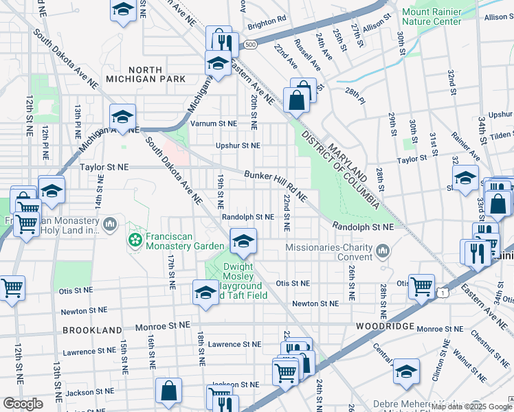 map of restaurants, bars, coffee shops, grocery stores, and more near 4013 20th Street Northeast in Washington