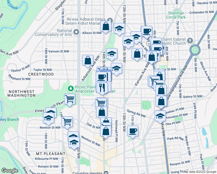 map of restaurants, bars, coffee shops, grocery stores, and more near 1349 Randolph Street Northwest in Washington