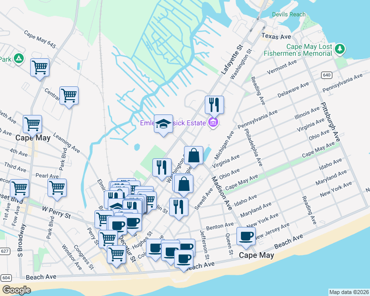 map of restaurants, bars, coffee shops, grocery stores, and more near 912 Lafayette Street in Cape May