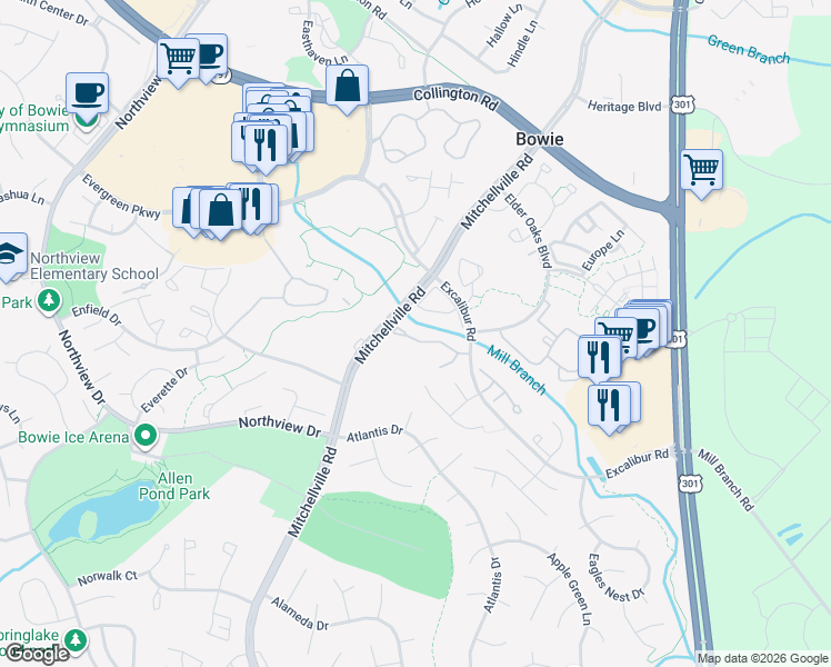 map of restaurants, bars, coffee shops, grocery stores, and more near 16116 Edenwood Drive in Bowie