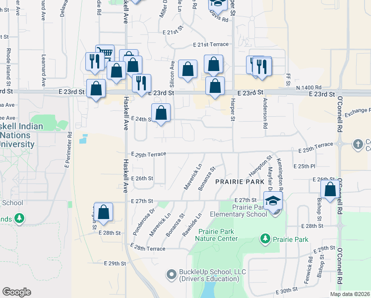 map of restaurants, bars, coffee shops, grocery stores, and more near 1327 East 25th Terrace in Lawrence