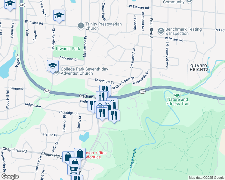 map of restaurants, bars, coffee shops, grocery stores, and more near 1314 Saint Christopher Street in Columbia