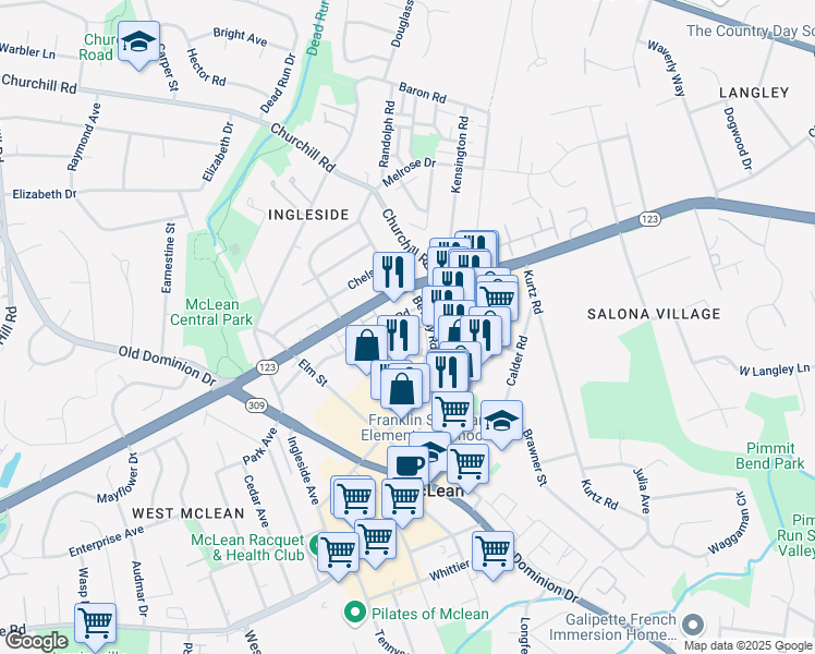 map of restaurants, bars, coffee shops, grocery stores, and more near 6800 Fleetwood Road in McLean