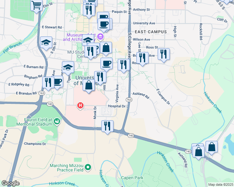 map of restaurants, bars, coffee shops, grocery stores, and more near Virginia Avenue in Columbia