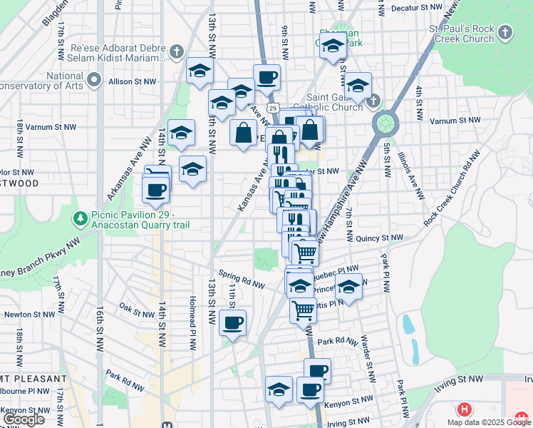 map of restaurants, bars, coffee shops, grocery stores, and more near 937 Randolph Street Northwest in Washington