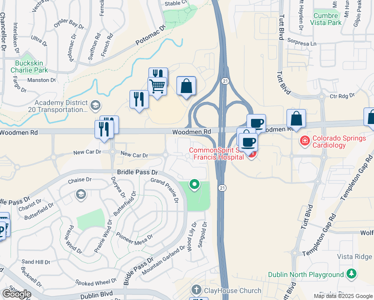 map of restaurants, bars, coffee shops, grocery stores, and more near 5616 Woodmen Ridge View in Colorado Springs