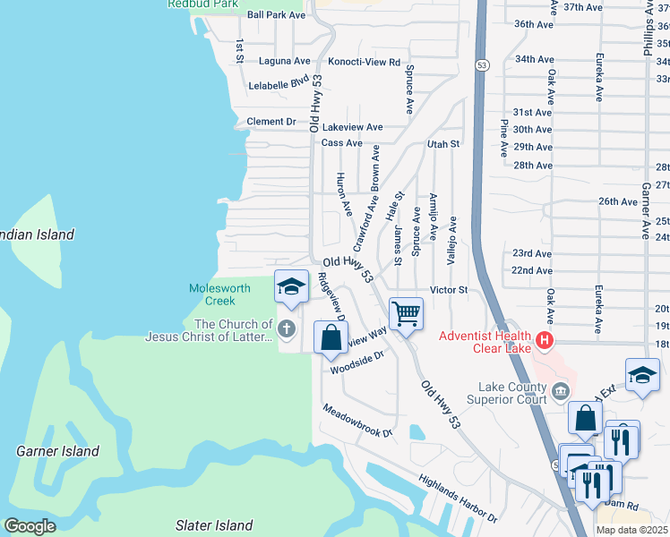 map of restaurants, bars, coffee shops, grocery stores, and more near 6155 Ridgeview Drive in Clearlake