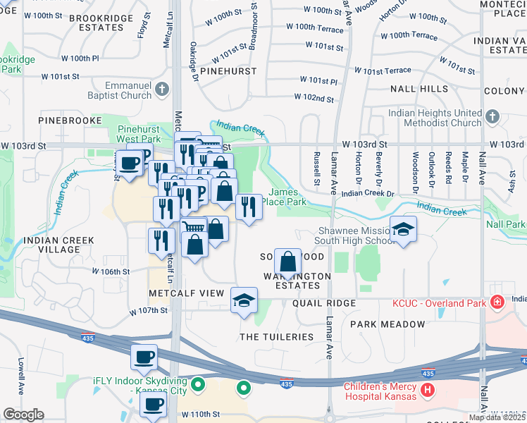 map of restaurants, bars, coffee shops, grocery stores, and more near 6515 West 103rd Street in Overland Park