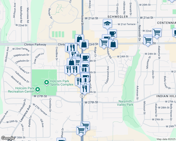 map of restaurants, bars, coffee shops, grocery stores, and more near 1809 West 25th Street in Lawrence