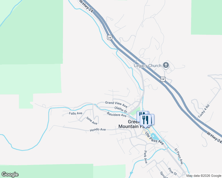map of restaurants, bars, coffee shops, grocery stores, and more near 10855 Ora Street in Green Mountain Falls