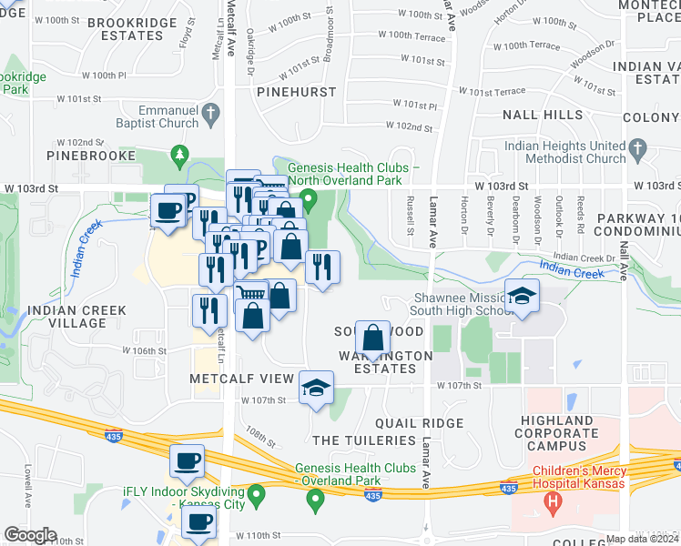 map of restaurants, bars, coffee shops, grocery stores, and more near 6515 West 103rd Street in Overland Park