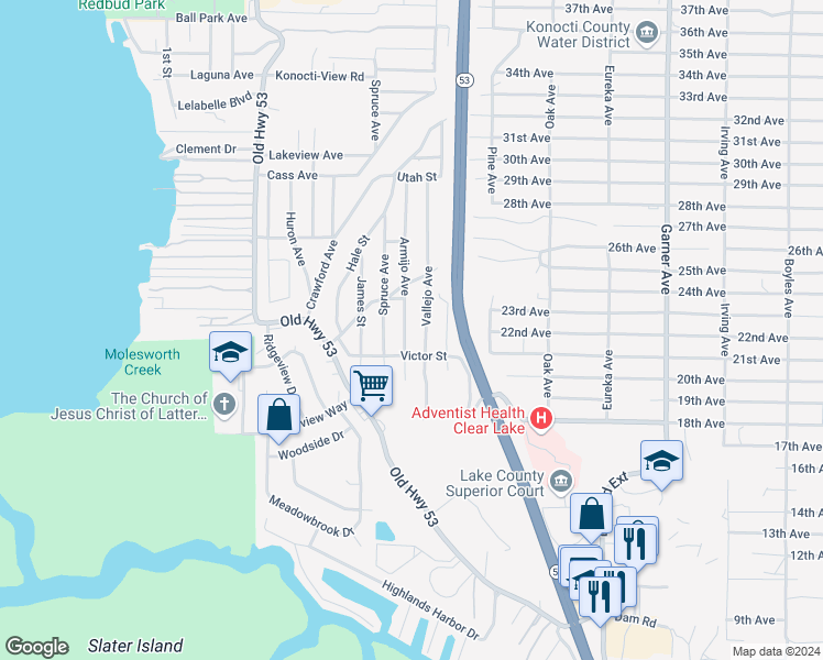 map of restaurants, bars, coffee shops, grocery stores, and more near 6157 Armijo Avenue in Clearlake