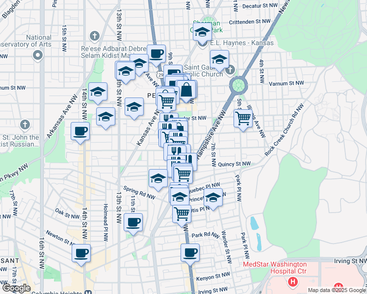map of restaurants, bars, coffee shops, grocery stores, and more near 821 Randolph Street Northwest in Washington