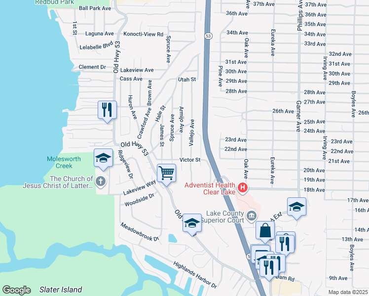 map of restaurants, bars, coffee shops, grocery stores, and more near 6157 Armijo Avenue in Clearlake