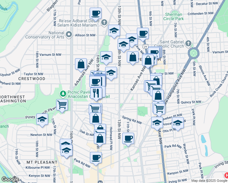 map of restaurants, bars, coffee shops, grocery stores, and more near 1307 Randolph Street Northwest in Washington