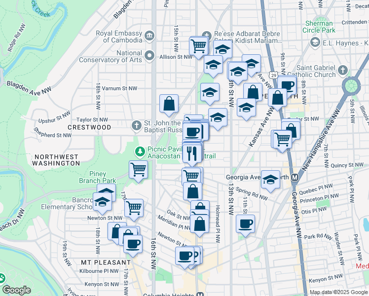 map of restaurants, bars, coffee shops, grocery stores, and more near 3900 14th Street Northwest in Washington
