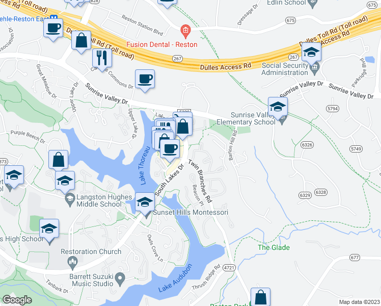 map of restaurants, bars, coffee shops, grocery stores, and more near 1976A Villaridge Drive in Reston