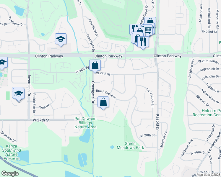 map of restaurants, bars, coffee shops, grocery stores, and more near 2423 Morningside Drive in Lawrence