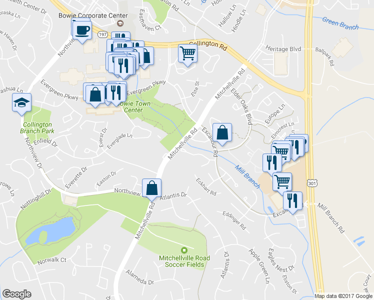 map of restaurants, bars, coffee shops, grocery stores, and more near 16110 Edenwood Drive in Bowie