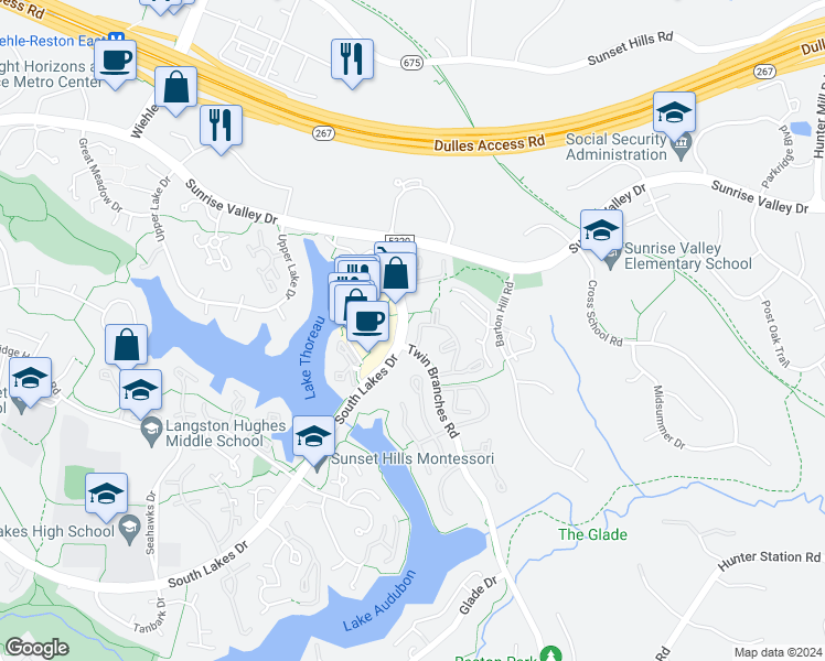 map of restaurants, bars, coffee shops, grocery stores, and more near 1976A Villaridge Drive in Reston